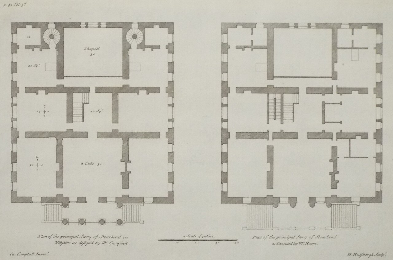 Print - Plan of the principal Story of Stourhead in Wiltshire as design'd by Mr Campbell. Plan of the principal Story of Stourhead in Wiltshire as Executed by Mr Hoare. - Hulsbergh